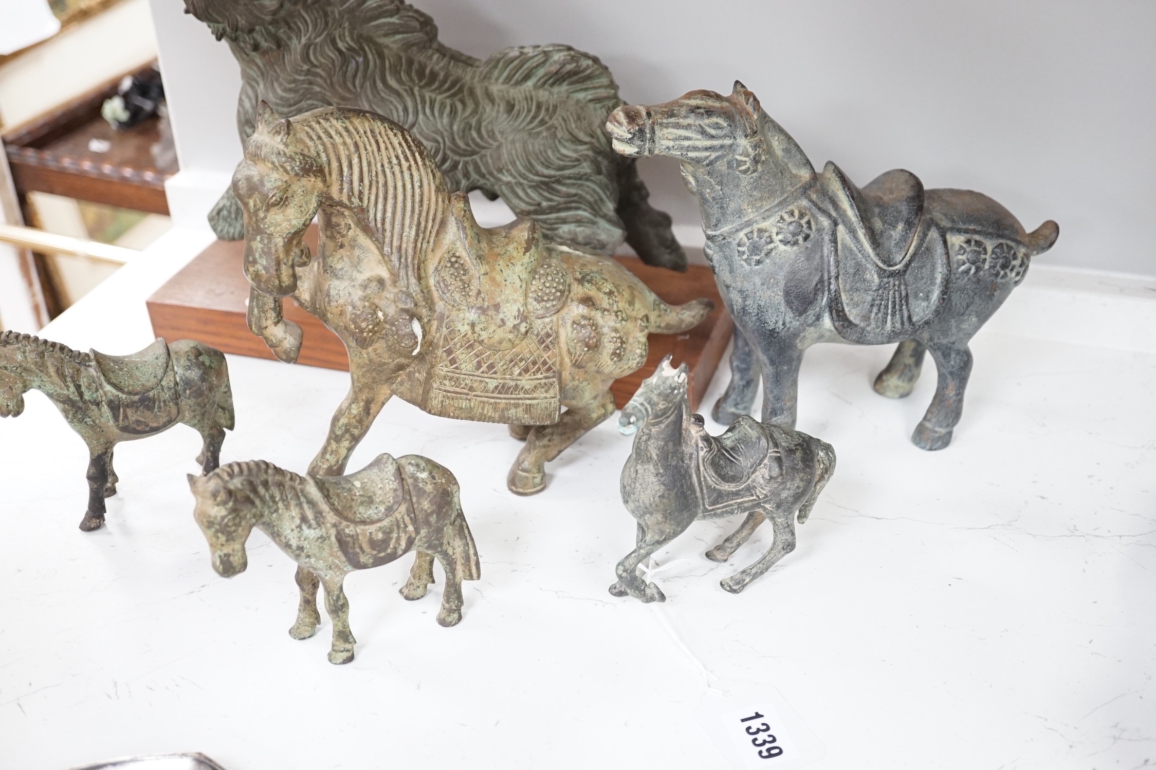A group of reproduction bronze figures after early Chinese and other examples from antiquity, tallest 21cm
